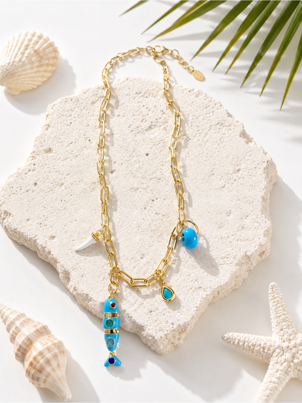 Gold Chain Necklace with Blue Enamel Charms